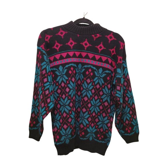 Vintage 80s Pink Green Black Metallic Medium to Large Snowflake Ski Sweater - Picture 2 of 5